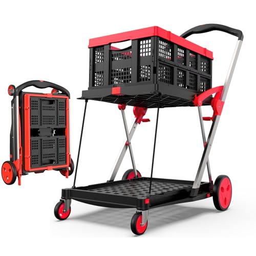 TOLRET Collapsible Shopping Cart with Wheels, 200 lbs Capacity Grocery Cart on Wheels with Storage Crate, Platform Hand Truck with Foot Brake, Red
