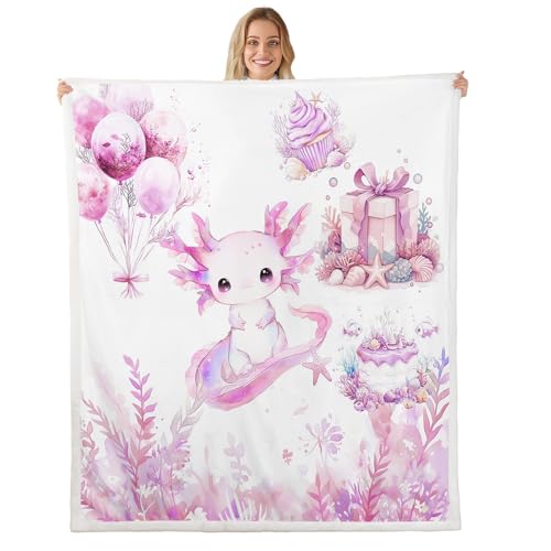 Cute Axolotl Fleece Blanket,Undersea Coral Lovely Marine Life Salamander Throw Flannel Blanket,Kawii Pink Cake Balloons Birthday Gifts Lightweight Blanket for Sofa Couch,Queen 90"x90"