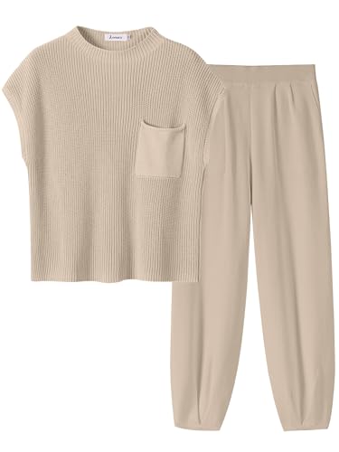 ANRABESS Women's Two Piece Outfits Knit Sweater Vest Crop Top Pants Lounge Matching Tracksuit Sweatsuit Travel Clothes Sets Khaki Small