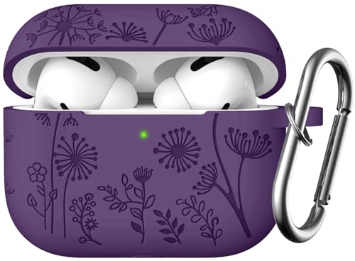 Lerobo Flower Engraved Case for Airpod Pro/Airpod Pro 2, Cute Silicone Skin Full Protective Cover Compatible for Apple Airpods Pro 2nd/1st Generation with Keychain Purple