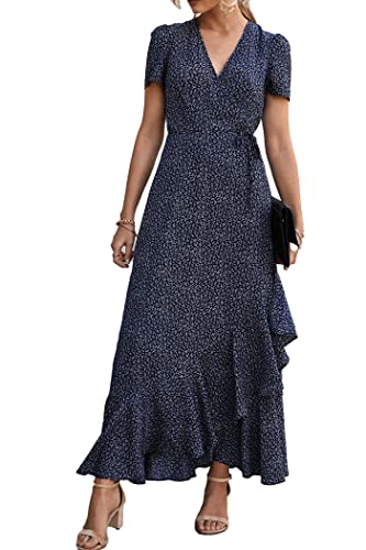 PRETTYGARDEN Women's Summer Wrap Maxi Dress Casual Boho Floral V Neck Short Sleeve Ruffle Hem Split Beach Long Dresses (Blue,Medium)