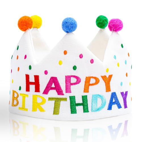 Hand Embroidery Rainbow Happy Birthday Crown Made From 100% Natural Fiber Linen Reusable 1st First Birthday Crown Hat Decor with Wool Balls for Girl Boy Celebration Party Fit for Kids or Adult