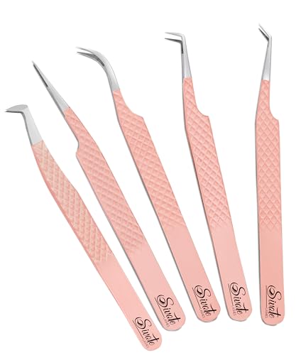 SIVOTE Lash Tweezers for Eyelash Extensions, Pack of 5 Peach – Lash Extension Tweezers Set with Diamond Grip, Precision Fiber Tip for Volume Eyelash Extensions