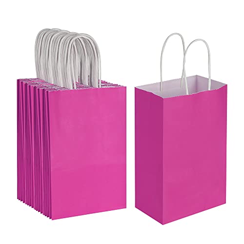 Oikss 50 Pack 5.25x3.25x8.25 Inch Small Pink Kraft Paper Bags with Handles Bulk for Birthday Wedding Party Favors Grocery Retail Shopping Business Goody Craft Gift Bags Cub Sacks (Fuchsia 50pcs Count)