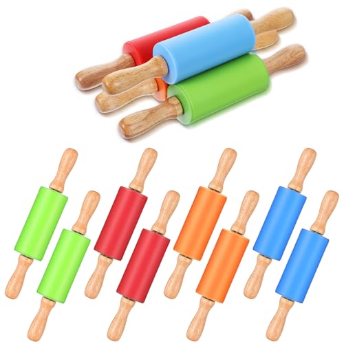 12 Pcs Small Rolling Pin 9 Inch Mini Rolling Pin Silicone Wooden Cooking Pins Baking 4 Colors Non Stick with Wooden Handle for Kitchen Dough Cookie Pastry Fondant Cake