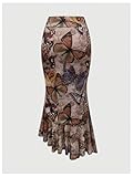 Milumia Women's Butterfly Print Bodycon Skirt Tie Knot Side Ruffle Hem Fishtail Long Skirts Brown Medium