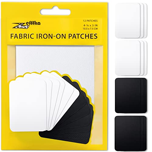 ZEFFFKA Premium Quality Fabric Iron-on Patches Inside & Outside Strongest Glue 100% Cotton Black and White Repair Decorating Kit 12 Pieces Size 3" by 4-1/4" (7.5 cm x 10.5 cm)