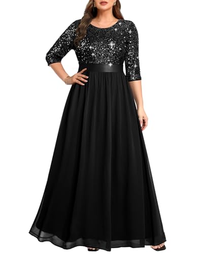 Plus Size Formal Dresses Black Evening Gowns Sequin Sparkly Women Prom Gala Mother Elegant Long Dress with Sleeves 2025