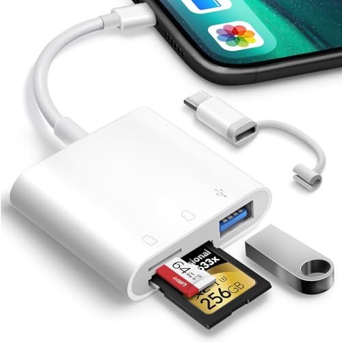 Oyuiasle SD Card Reader for iPhone iPad Trail Camera Viewer 3-in-1 SD Adapter with Dual Slots & USB Port, Memory Card Adapter Dual-connector Design with Lightening&USB-C for Photographers, Plug & Play