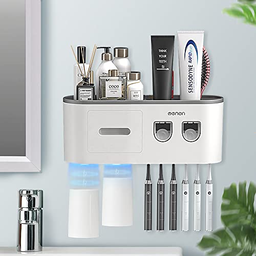 BHeadCat Toothbrush Holders Wall Mounted, Toothbrush Holder with Automatic Toothpaste Dispensers, 6 Brush Slots, 2 Magnetic Cups,1 Cosmetic Drawer Organizer and 1 Large Storage Tray