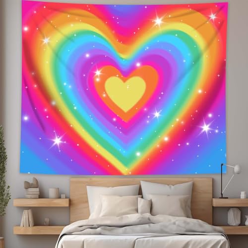Yieldeer Colorful Heart Tapestry Wall Hanging Rainbow Backdrop Cute LGBT Wall Decor for Teen Girl Bedroom Living Room Dorm, 80x60 inch