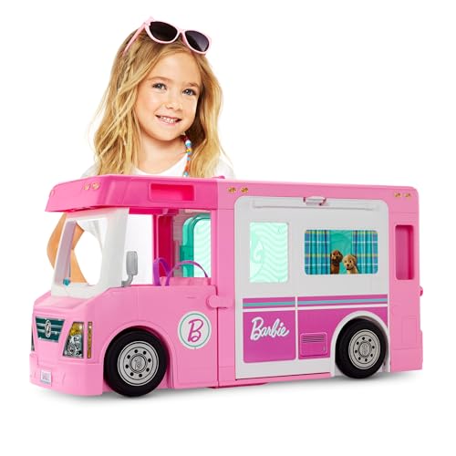 Barbie 3-in-1 DreamCamper Vehicle, Approx 3-ft, Transforming Camper with Pool, Truck, Boat and 60 Accessories, Makes a Great Gift for 3 to 7 Year Olds