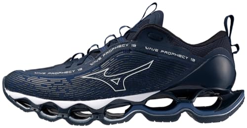 Mizuno Mens Wave Prophecy 13 Running Shoe, Navy Peony/White, 7