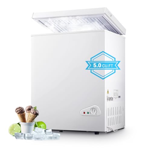 5.0 Cu.Ft Chest Freezer with Removable Basket, Deep Freezer with 6 Adjustable Temperature & Removable Baskets, Top Open Door Compact Freezer for Home, Apartments, White
