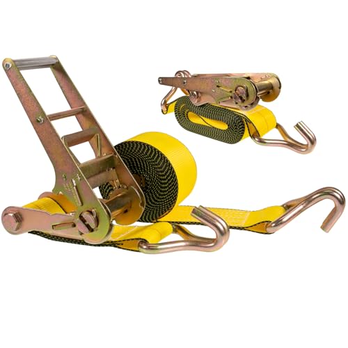 US Cargo Control J Hook Ratchet Straps 4 Inch x 27 Foot (2-Pack), 5,400 LBS Working Load Limit, Yellow 4 Inch Ratchet Straps Heavy Duty for Flatbed Trailers, Professional Flatbed Hauling