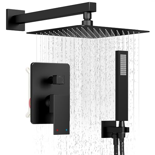 HoliSpa Shower System, Black Shower Faucet Set with 12-Inch Rain Showerhead and Handheld Spray, Wall Mounted High-Pressure Showerhead Combo Set Included Valve and Trim, Matte Black