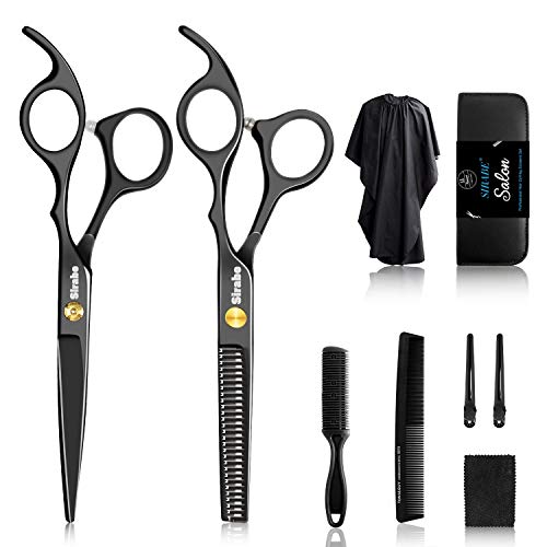 Sirabe 10 PCS Hair Cutting Scissors Set, Professional Haircut Scissors Kit with Cutting Scissors, Thinning Scissors, Comb, Cape, Clips, Black Hairdressing Shears Set for Barber, Salon, Home