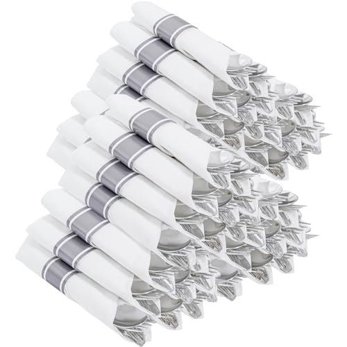 Joyido 400PCS Pre Rolled Silver Plastic Silverware Sets - Heavy Duty Silver Cutlery - Include 100 Pack Wrapped Disposable Utensils with Napkins for Parties & Dinners & Weddings