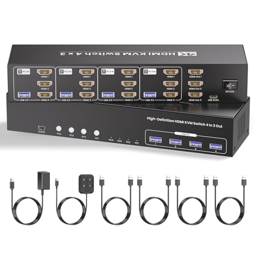 USB 3.0 Three Monitor HDMI KVM Switch, 4K60Hz 4 Port HDMI KVM Switch 3 Monitors 4 Computers, 4 PC Share 1 Set of Keyboard, Mouse, 3 Monitors and 4 USB 3.0 Ports