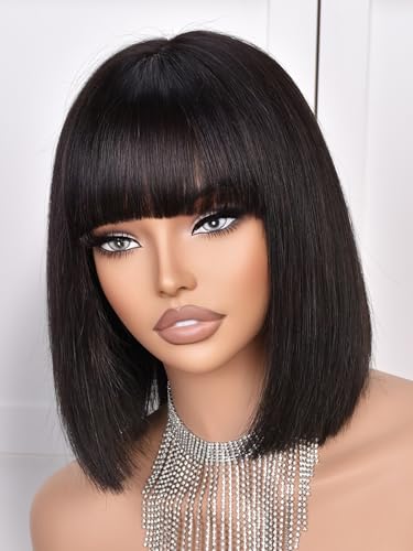 MURAME Bob Wig Human Hair 210% Density Bob Wig with Bangs 100% Human Hair Wigs for Black Women Pre-Bleached Glueless Straight Bob Wigs(10Inch,black bob wig)