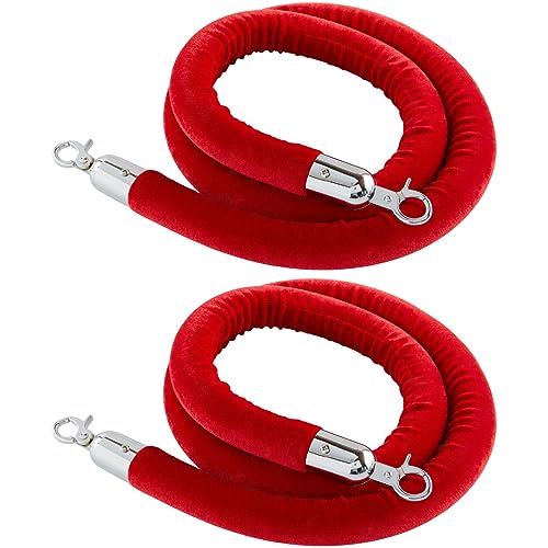 Juvale Set of 2 Red Velvet Stanchion Rope - 5 ft Control Barriers with Polished Silver Hooks - Velvet Rope - Crowd Control Barriers