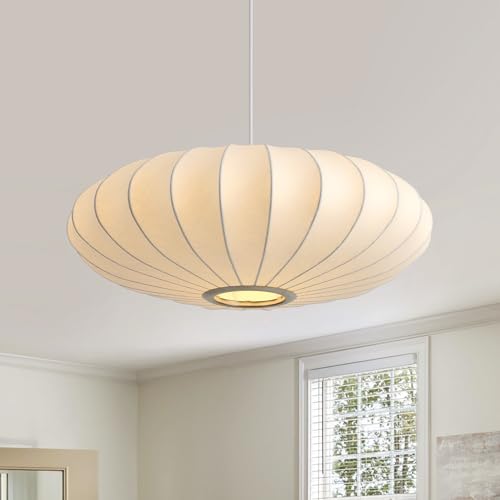 Fivemengo 20 Inch Lantern Pendant Light, White Imitation Silk Lampshade, Bubble Pendant Light Fixture Ceiling Hanging Lamp Chandelier for Living Dinning Room Kitchen Island Bedroom Restaurant Cafe