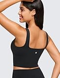 CRZ YOGA Butterluxe Womens Square Neck Longline Sports Bra - Workout Crop Tank Tops Padded Yoga Camisole with Built in Pads Black Medium