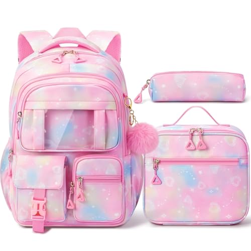 Fimibuke Kids Backpack for School Girls, 3Pcs Waterproof Girls Backpack with Lunch Box & Pencil Pouch - Lightweight School Backpack Pink Bookbag for Ages 6+ Elementary Middle School Teens