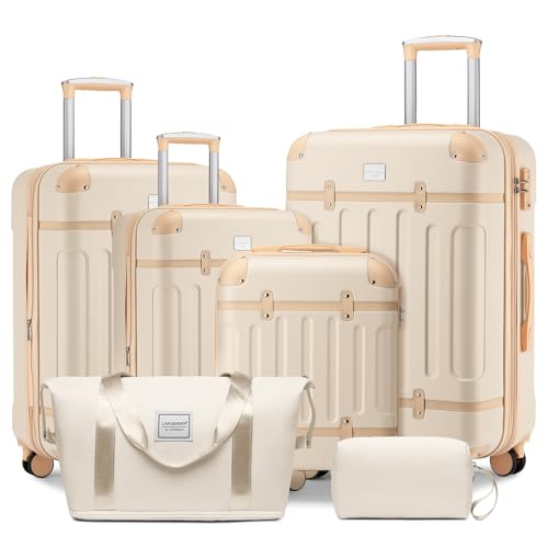 LARVENDER Luggage Sets 6 Piece, Expandable Luggage Hardshell Suitcase Sets with Spinner Wheels TSA Locks, Vintage Travel Luggage Set Clearance for Men and Women, Cream White