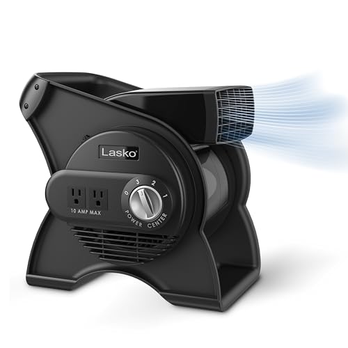 Lasko Portable Utility Fan, 12” 289 CFM Pivoting High Velocity Air Mover Blower Fan, 3 Speeds, 2 Accessory Outlets 120V, Black, U12104