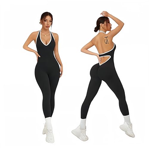 EROSEL Women’s Halter One-Piece Yoga Bodysuit, Open Back Workout Jumpsuit for Gym, Fitness, Pilates, Dance,Activewear Romper (Black, Medium)