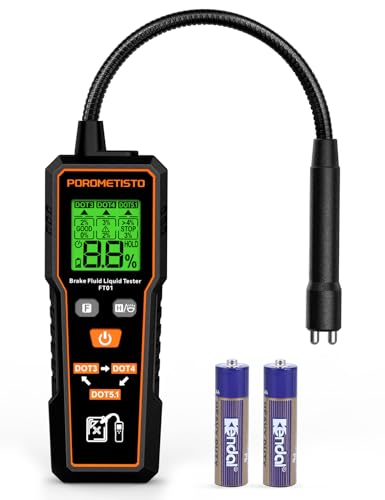 Brake Fluid Tester POROMETISTO FT01, Brake Fluid Moisture Tester with 8.5-Inch Corrosion Resistance Probe, Brake Fluid Detector with Flashlight, Data Hold, Backlight Alarm for DOT3, DOT4, DOT5.1-Black