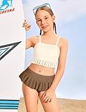 MIGU Teen Swimsuits for Girls 12-14 Girls Bathing Suits Beige Brown Adjustable Straps with Ruffled Hem Cute Girls Bikini 2 Piece Swimsuit for Girls Swimwear 13-14