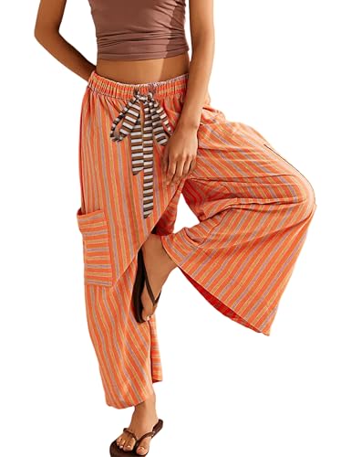 Bankeng Women Drawstring Striped Pants Loose Wide Leg Lounge Pants Casual Palazzo Pants Trousers with Pockets(Orange,S)