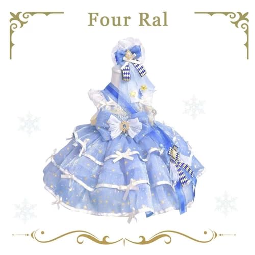 Four RAL Girls Princess Dress, Blue Starry Tulle Ball Gown, Tiered Ruffle Dress with White Bows and Ribbons Lolita