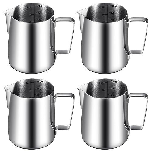 Dandat 4 Pcs Milk Frothing Pitcher Espresso Steaming Pitchers 12 Oz Stainless Steel Milk Steamer Cup Frother Jug for Espresso, Latte Art, Chai Cappuccino Hot Chocolate