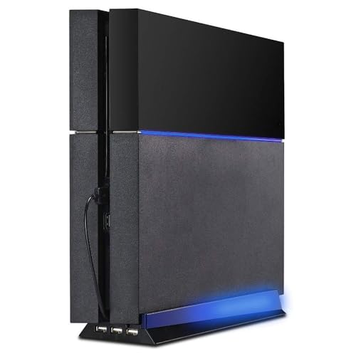 KlsyChry Stand with HUB & Blue Light for PS4, Blue Led Light Vertical Stand Base with 3 USB HUB Port for Sony PlayStation 4 PS4 Console (Black)
