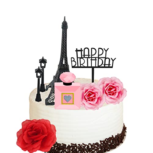 MEMOVAN 8pcs Paris Cake Topper Eiffel Tower Statue Cake Topper 7 Inch Pairs Eiffel Tower Perfume Bottle Birthday Topper Street Lamp Rose Cake Decoration for Girl Women Spa Paris French Theme Party