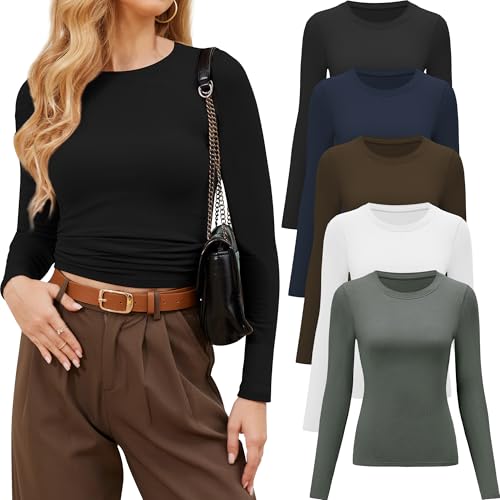 CE' CERDR 3/5 Pack Womens Long Sleeve Shirts Crew Neck Basic Tees Tight Fitted Casual Going Out Stretchy Slim Tops