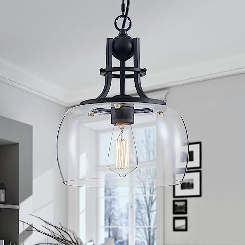 WUZUPS Chandelier Rustic Farmhouse Industrial Round Ceiling Pendant LED Light Fixture with Clear Glass Shades for Dining Room Kitchen Island Foyer Entryway, H 13" x W 10", E26 Base, Black