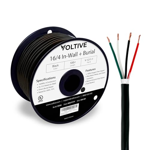 Voltive 16/4 Speaker Wire - 16 AWG/Gauge 4 Conductor - UL Listed in Wall (CL2/CL3) and Outdoor/In Ground (Direct Burial) Rated - Oxygen-Free Copper (OFC) - 100 Foot Spool - Black