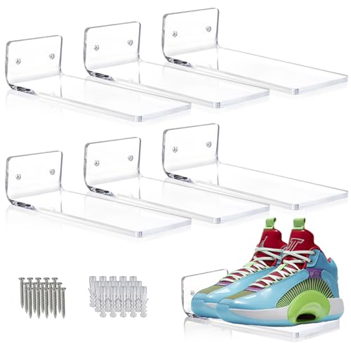 SIPRDE Floating Shoe Display Shelves for Wall Mount Set of 6 - Clear Acrylic Floating Shelves for Showcase Sneaker Collection or Shoes Box