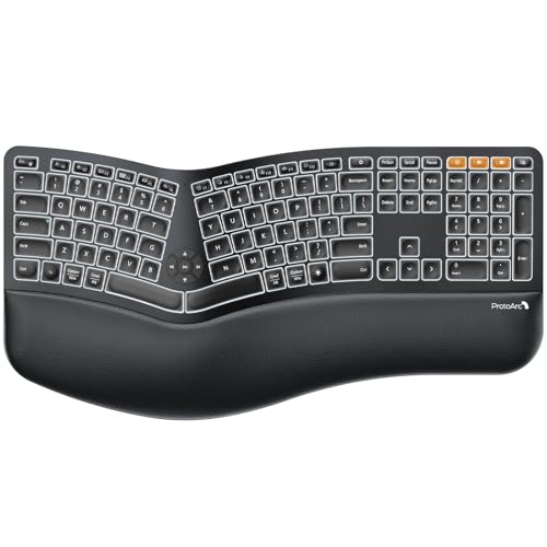 ProtoArc Backlit Bluetooth Ergonomic Keyboard, EK01 Plus Full Size Wireless Split Keyboard with Dual Bluetooth and USB, Cushioned Wrist Rest, Rechargeable, Compatible with Windows/Mac/Android, Black