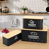 Dekosilave Kitchen Vegetable Storage Set of 3, Metal Onion Garlic Potato Storage Set, Kitchen Canisters Vegetable Keeper Containers with Aerating Holes and Wooden Lid (Black)