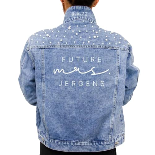Pretty Robes Personalized Blue Denim Future Mrs Jean Pearl Weeding Jacket for bride & bridemaids - Ideal for Bachelorette Outfit for Bride, Engagement Gift & Bridal Gift for Women & Bride To Be