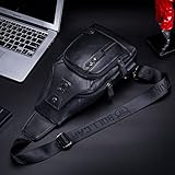 BULLCAPTAIN Genuine Leather Sling Bag with USB Charging Port Multi-pocket Chest Bag for Men Hiking Travel Daypack XB-129 (Magic Black)