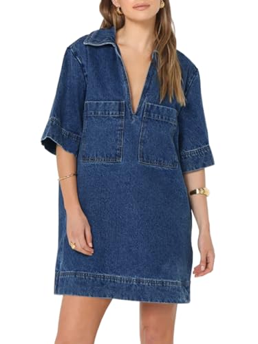 Fisoew Womens Denim Shirt Dress Summer Collared V Neck Mini Casual Jean Dresses with Pockets Blue