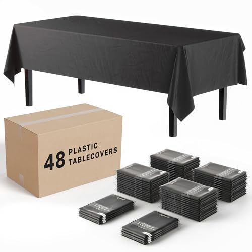 Party Solids Black Tablecloths for Rectangle Tables 48 Pack Plastic Table Cloth Disposable 54" X 108" Black Table Cloths Rectangle Tablecloth Plastic Tablecloths Rectangular for Party Supplies