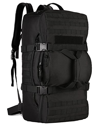 ArcEnCiel 60L Outdoor Tactical Duffel Backpack Waterproof Camouflage Suitcase Mountain Sports Luggage Hiking Camping Bag -Rain Cover+Patch Included(Black)