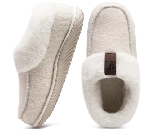 COFACE Women's Arch Support Memory Foam House Slippers Ladies Warm Fuzzy Faux Fur Collar Winter Moccasin Shoes with Orthotic Plantar Fasciitis Indoor Outdoor Hard Rubber Sole Beige Size 8